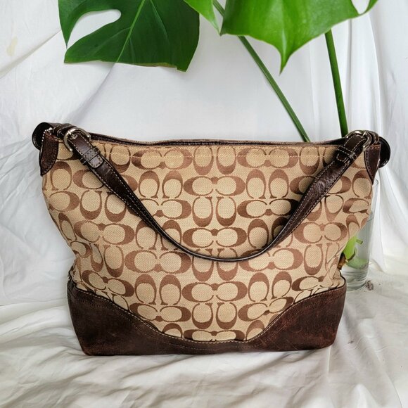 COACH F13011 Vintage Y2K Beige Canva Brown Leather Shoulder Hobo Bag - Picture 1 of 5